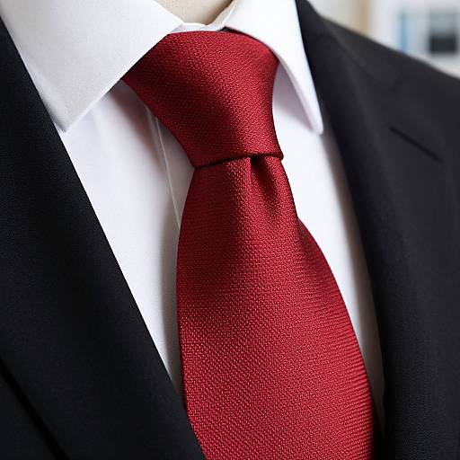 Close-up photograph of a man's chest and neck, wearing a black suit, white dress shirt, and vibrant red textured tie.