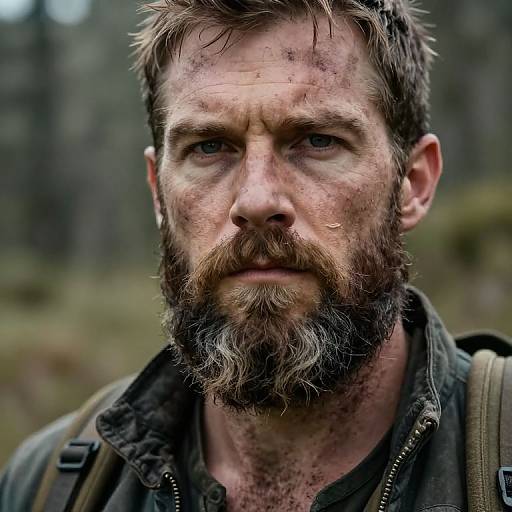 Photograph of a rugged, bearded man with dirty face and piercing blue eyes, wearing a dark jacket, set against a blurry forest background.