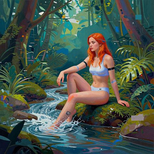Digital painting: Red-haired woman in white bikini sits on a mossy rock by a flowing stream in a vibrant jungle. She has a tattoo on her
