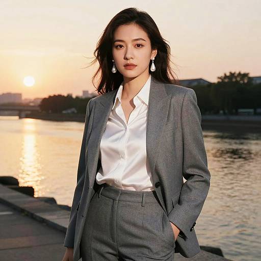 Photograph of an Asian woman with dark hair, wearing a gray suit and white shirt, standing by a sunset-lit river.
