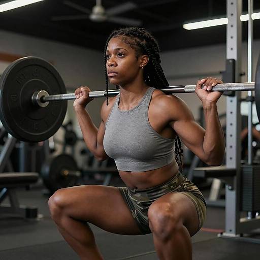 Muscular Black Woman Squatting in Gym