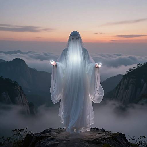 Ghostly figure in a white, translucent hooded robe with glowing hands, stands on a misty mountain peak during sunrise. Digital art.