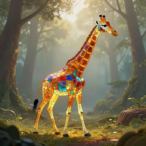 Stained Glass Giraffe in Misty Forest