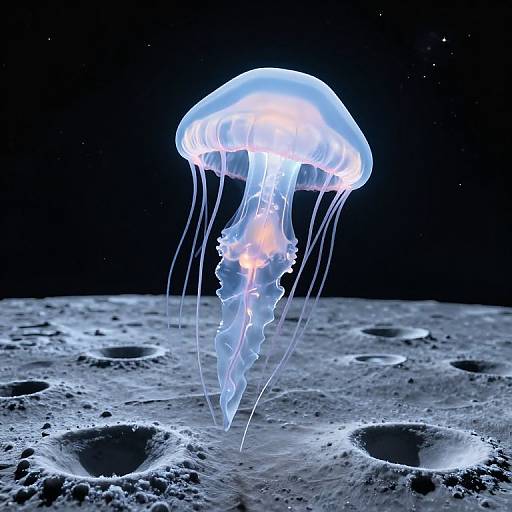 Photograph of a glowing blue jellyfish with translucent tentacles floating above a cratered, gray moon surface against a black starry sky.
