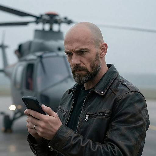 Intense Bald Man with Helicopter Background