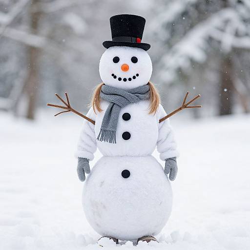 Photograph of a cheerful snowman with black top hat, gray scarf, orange carrot nose, black button eyes, and stick arms, standing in a