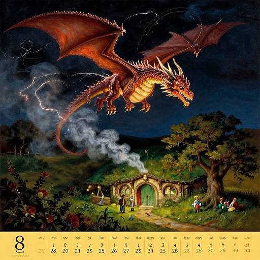 Digital fantasy artwork of a red dragon soaring above a glowing, smoke-emitting hobbit house at night, surrounded by lush greenery, with small figures