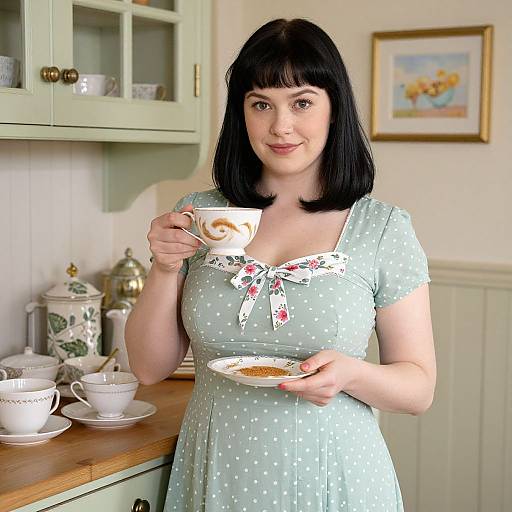 Photograph of a smiling woman with black bob haircut, wearing a light green polka dot dress, holding a cup and saucer in a vintage kitchen