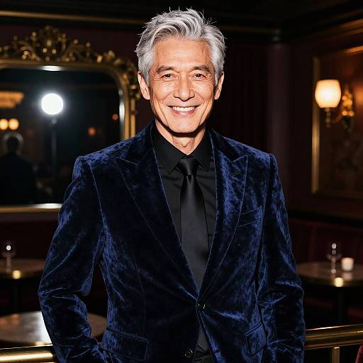 Photograph of an older man with gray hair, smiling, wearing a dark blue velvet blazer over a black shirt, in a dimly lit,