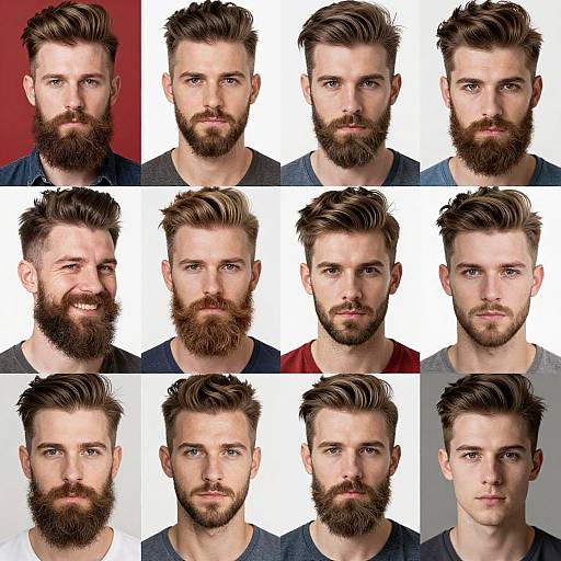 Photograph of twelve male headshots showing various hairstyles and beards, including full beards, short beards, and clean-shaven faces, against