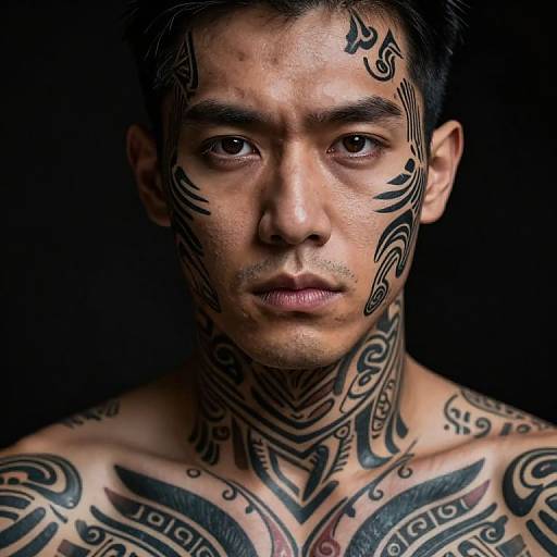 Photograph of a serious, tattooed Asian man with black tribal tattoos on his face, neck, and chest, against a dark background.