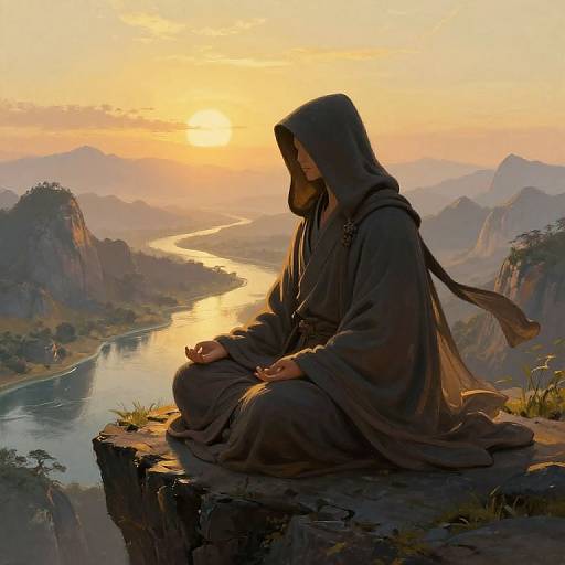 Digital painting of a hooded figure in dark robes, seated on a cliff at sunset, overlooking a serene, mountainous river valley.