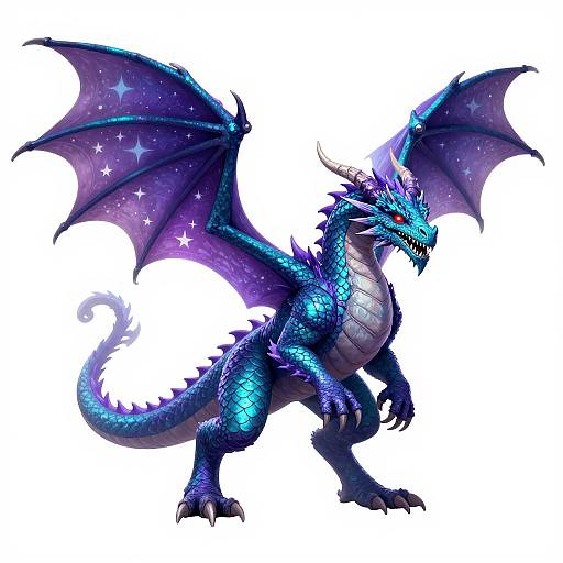 Digital illustration of a vibrant, blue-scaled dragon with purple wings, glowing red eyes, and white horns, standing fiercely on a white background.