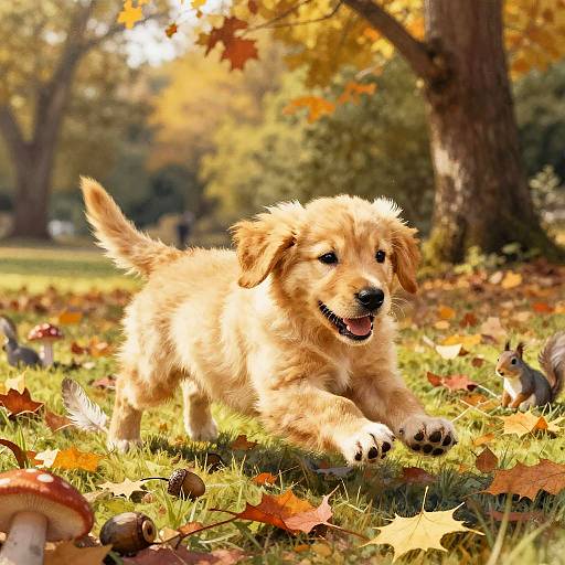 Photograph of a playful golden puppy with fluffy fur, black nose, and wagging tail, running on grassy autumn ground with fallen leaves and mushrooms