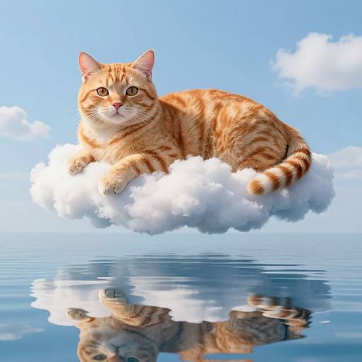 Photorealistic image of an orange tabby cat with striped fur lounging on a white cloud, reflected in calm blue water, against a bright blue