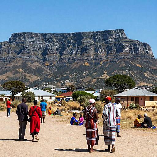 Photograph of a sunny, African landscape with people in colorful traditional attire standing in front of a rocky mountain, white-roofed huts, and