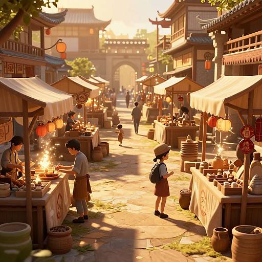 Digital anime-style illustration of a sunlit, bustling traditional market street with wooden stalls, lanterns, and vendors, featuring children and adults shopping.