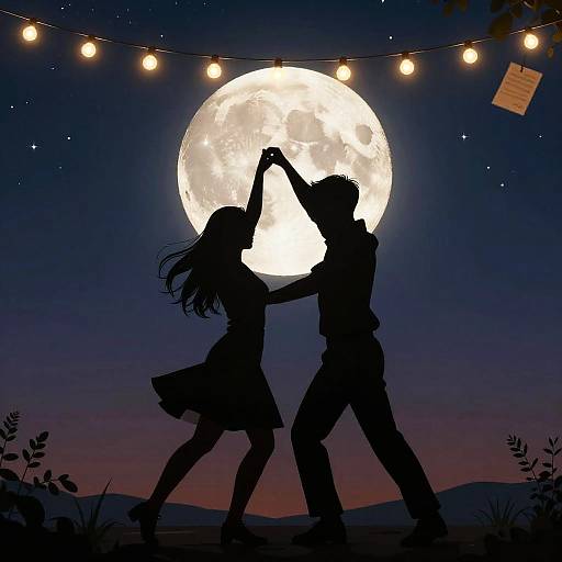 Silhouetted couple dancing under a full moon, string lights, and a twilight sky with a fading sunset. Romantic, starry night scene.