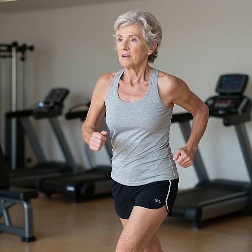 Elderly woman with short gray hair, wearing gray tank top and black shorts, jogging on treadmill in modern gym. Photograph.