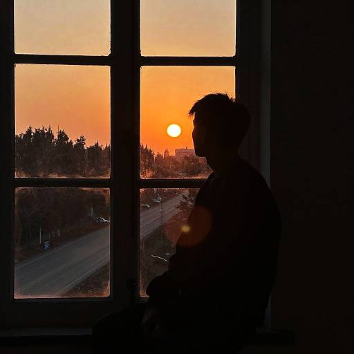 Silhouetted Figure at Sunset Window