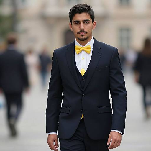Photograph of a handsome young man with medium skin tone, dark hair, and mustache, wearing a black suit, white shirt, and yellow bow