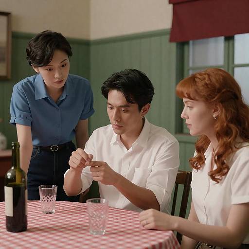 Vintage Family Scene at Checkered Table