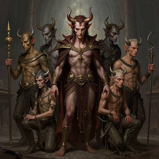 Digital artwork of six muscular, horned demon-like warriors in dark armor, standing and kneeling in a dimly lit, gothic cathedral.