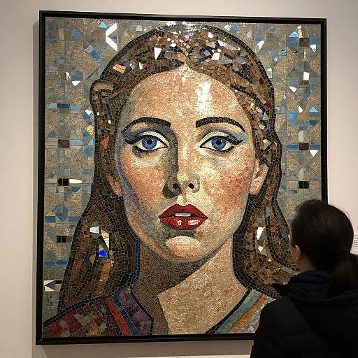 Photograph of a mosaic artwork depicting a woman with blue eyes, red lips, and brown hair, viewed by a person in a black coat.