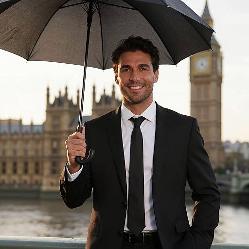 Smiling Man with Umbrella by Clock Tower