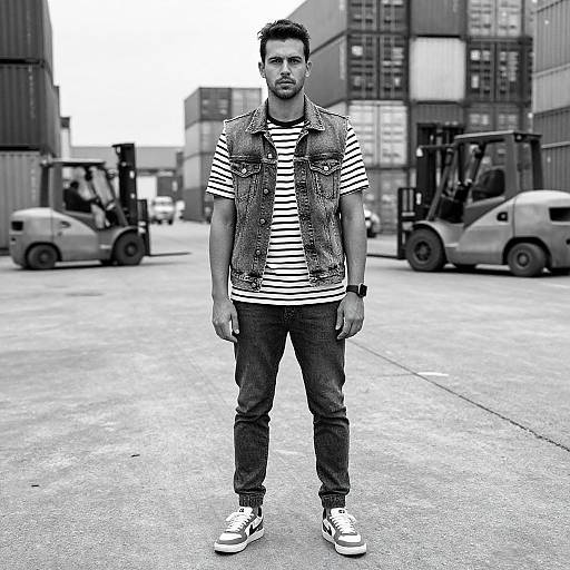Black-and-white photograph of a man with short dark hair, beard, wearing a striped shirt, denim vest, jeans, and sneakers, standing in an