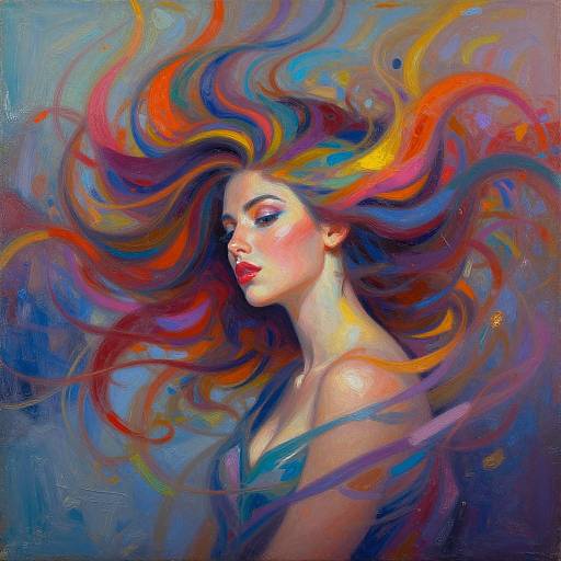 Digital painting of a fair-skinned woman with vibrant, flowing red, orange, and blue hair, wearing a blue top, against a textured blue background