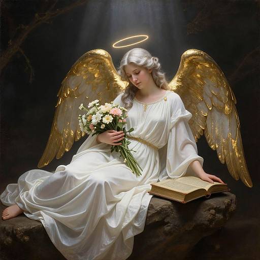 Digital painting of an angelic woman with golden wings, white dress, halo, holding a bouquet, sitting on a rock, illuminated by light, with