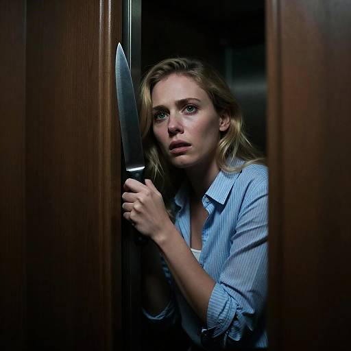 Fearful Woman Holding Knife in Dim Elevator