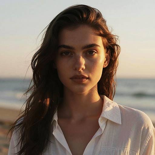 Photograph of a young woman with long, dark brown hair, wearing a white, slightly open-collared shirt, standing on a beach at sunset