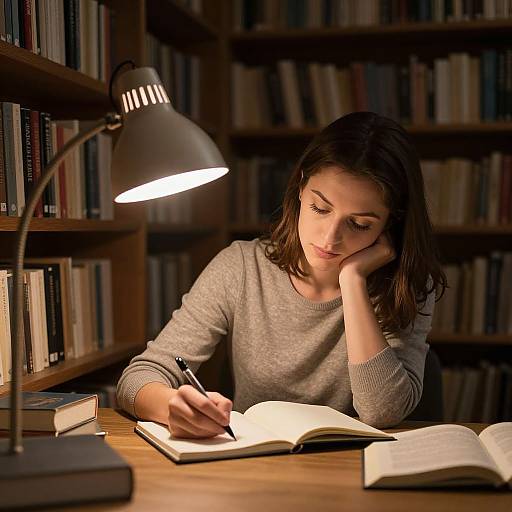Photograph of a young woman with dark hair, wearing a gray sweater, writing in a book under a bright desk lamp in a dimly lit library