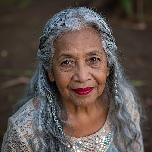 Photograph of an elderly woman with silver-gray hair in braids, wearing a shimmering white top, smiling with red lipstick, set against a dark