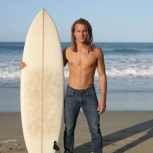 Shirtless Dreadlocked Surfer Pose