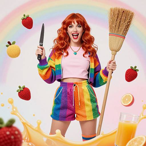 Photograph of a red-haired woman in rainbow sweater and shorts, holding knife and broom, surrounded by strawberries, orange, and milk splash, with