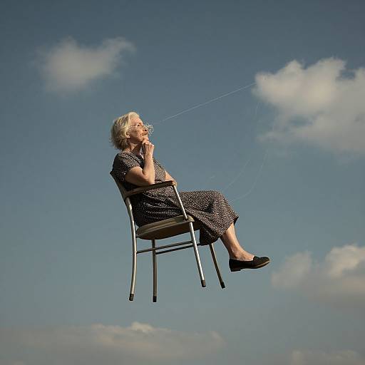 Photograph of an elderly woman with short blonde hair, wearing a black polka dot dress and black flats, floating on a chair against a clear blue
