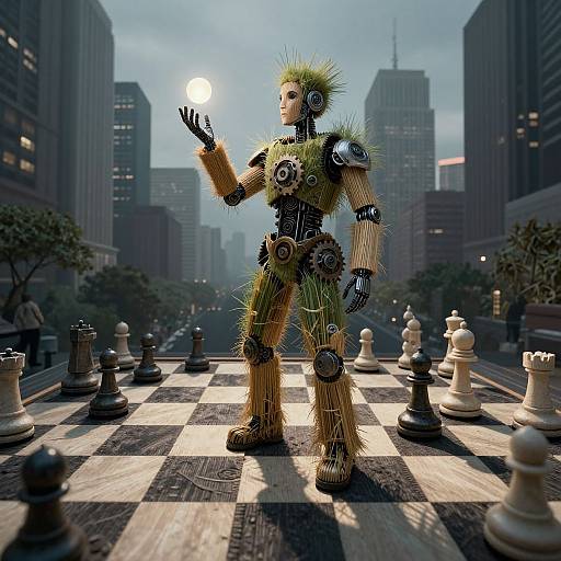 Photorealistic CGI of a humanoid robot with spiky green hair, mechanical joints, and fur-like textures, standing on a chessboard in a city