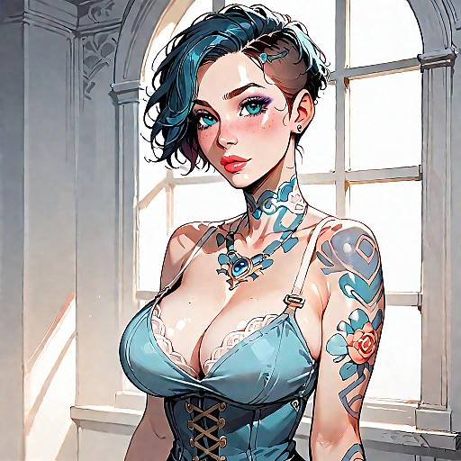 Stylish Woman with Blue Denim Corset and Tattoos