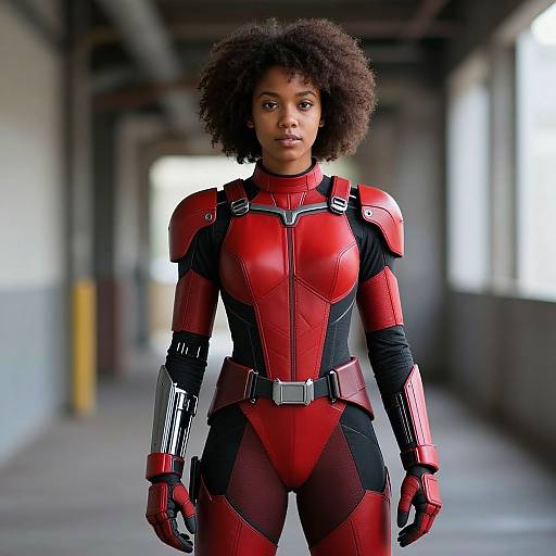 Photorealistic CGI of a Black woman with curly hair in a red and black armored suit, standing in a dimly lit industrial hallway.