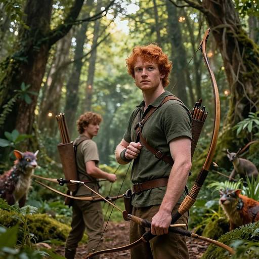 Photograph of a red-haired archer in green attire, holding a bow in a lush, forested woodland, with another archer in the background