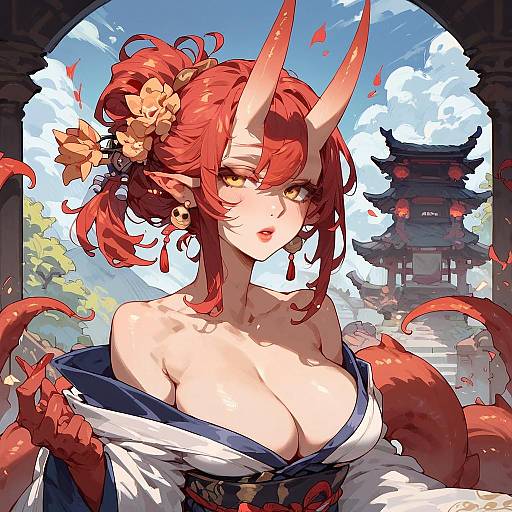 Oni Girl in Kimono at Japanese Temple