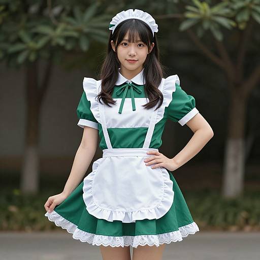 Photograph of an Asian woman with long black hair, wearing a green and white French maid outfit, standing outdoors with trees in the background.