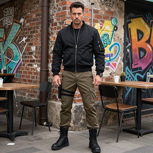 Photograph of a muscular man with short dark hair, black jacket, olive cargo pants, black boots, standing in front of graffiti-covered brick wall with