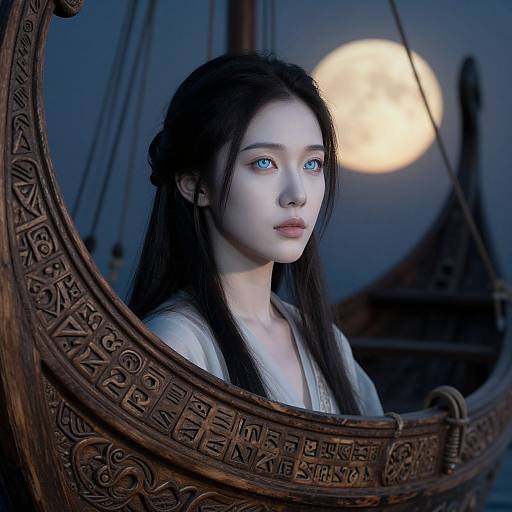Ethereal Portrait of East Asian Woman with Viking Longship