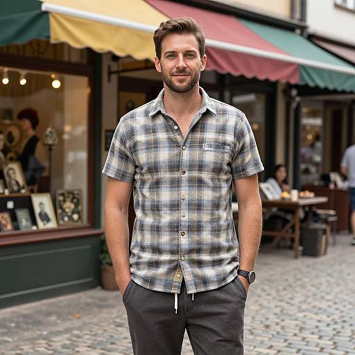 Photograph of a casually dressed, smiling man with short brown hair and beard, wearing a plaid shirt and black pants, standing on a cobble