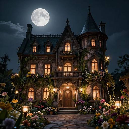 Gothic Fantasy Mansion Under Moonlight
