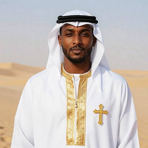Arabian man in white and gold traditional attire with gold cross